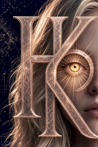 Kier's eye framed by the copper HK monogram